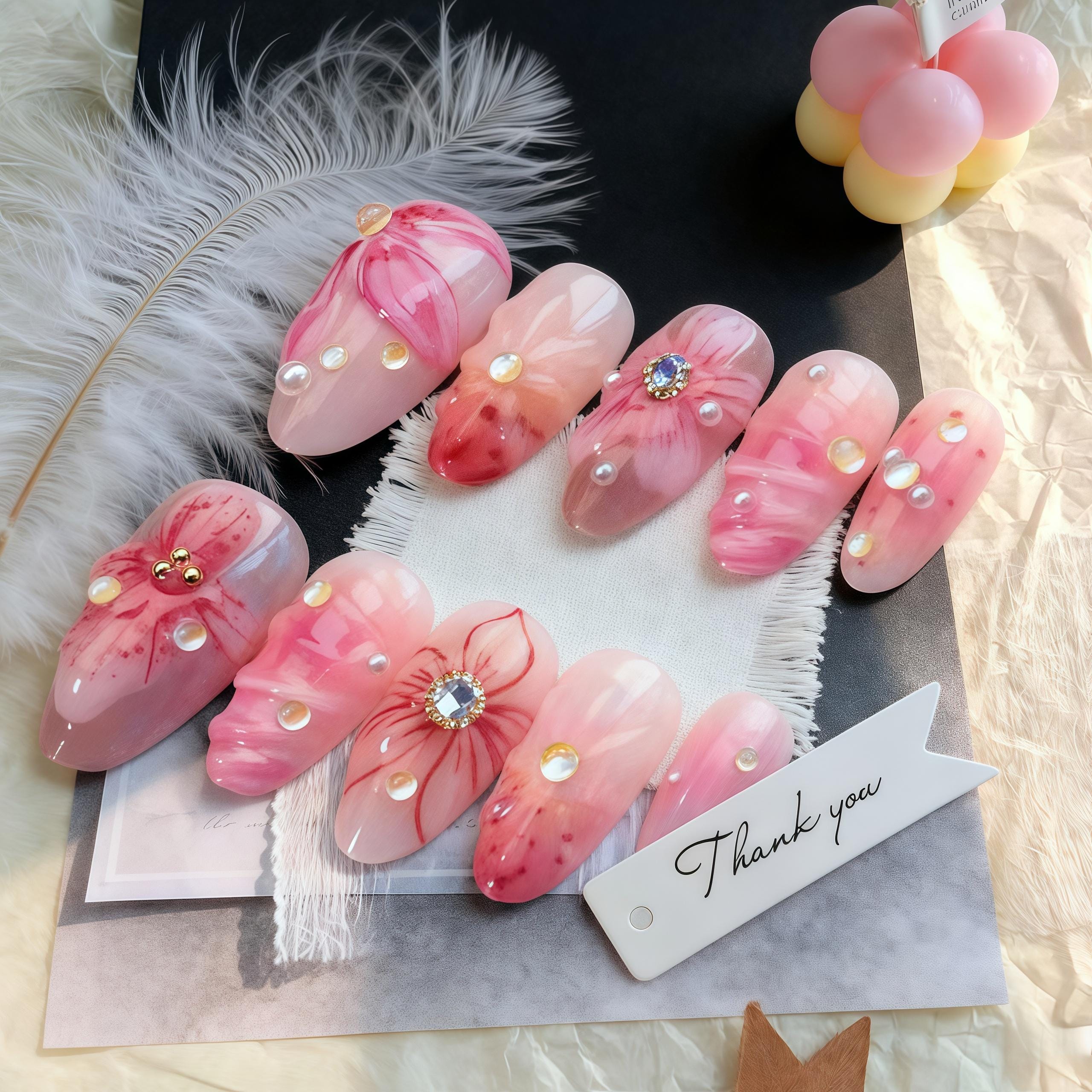 ピンクの水彩花のプレスオンネイル | 3Dテクスチャリップルフェイクネイル