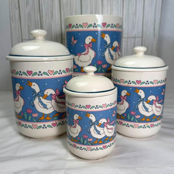 Vintage Country Goose Ceramic Canister Set 4 Piece Blue Pink Hearts 80s Kitchen