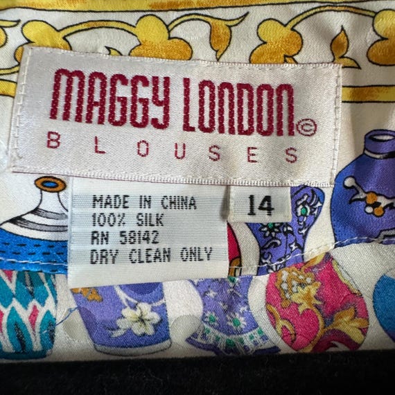 Maggy London Silk Blouse Vintage Vase Pottery Print Gold Frog Closure Size 14 View 4