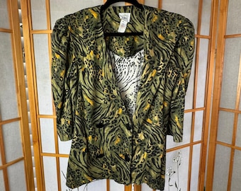 Blazer Kwai con estampado animal, verde y amarillo, cruzado, estilo años 80, talla 8 de EE. UU., estilo esposa de mafioso.