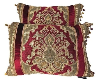 J Queen New York Chenille Damask Tassel Fringe Throw Pillows Burgundy Gold 2pc