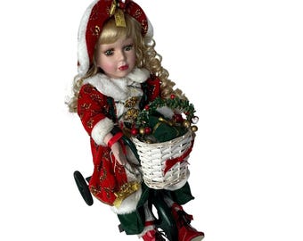 Poupée de Noël vintage en porcelaine sur tricycle, velours rouge, paillettes dorées, 16 pouces