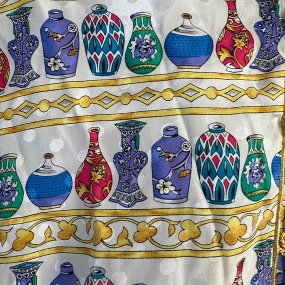 Maggy London Silk Blouse Vintage Vase Pottery Print Gold Frog Closure Size 14 View 2