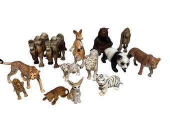Lote de figuras de animales salvajes Schleich Safari de los años 90: Tigre, Panda, Guepardo, Canguro (14 piezas)