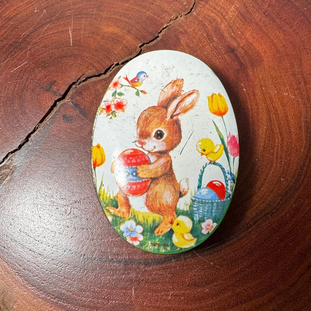 Vintage 1981 Enesco Easter Bunny Small Oval Metal Tin Trinket Box Green ...