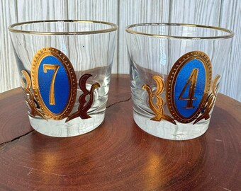 Vintage Libbey Blue Gold Medallion Lowball verres à whisky numéros 7 et 4, lot de 2