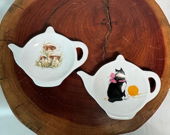 Vintage Ceramic Teapot Tea Bag Rests Set of 2 Mushroom and Tuxedo Cat Whimsical