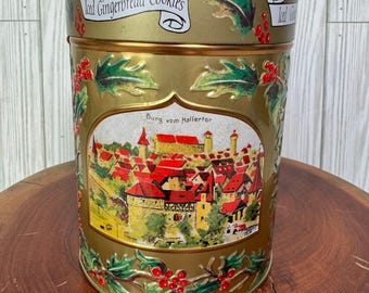 Vintage 1999 Lambertz Aachen Musical Keksdose Gold deutsche Feiertagsdeko 6 Zoll