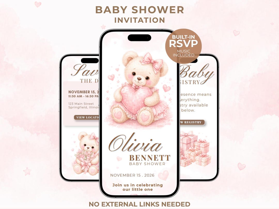 Pink Teddy Bear Baby Shower Invitation Website Template, Baby Girl ...