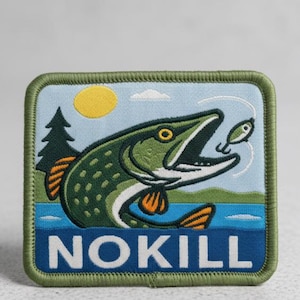 Patch à scratcher pêche responsable "No Kill". Ecusson tissé à scratcher (Velcro) sur casquette, sac ou veste outdoor