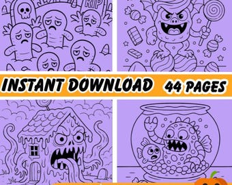 Halloween Coloring Pages for Kids – Cute Spooky Monsters | Instant Download, 44 Sheets