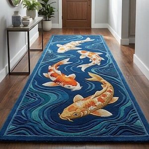 Koi Fish Pond Hand Tufted Rug, Japanese Koi Runner Rug, Handmade Wool Area Carpet, Blue Ocean Wave Hallway Rug, Luxury Fish Home Decor