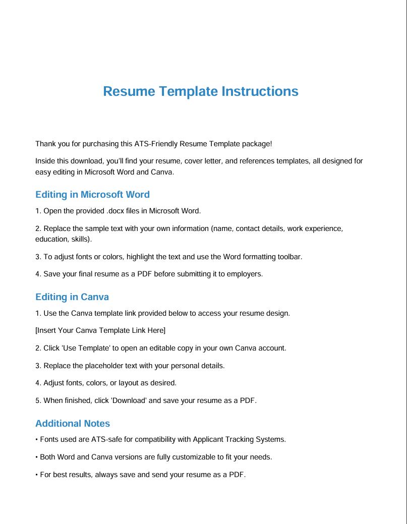 Atsfriendly Resume Template + Cover Letter Minimalist CV Editable