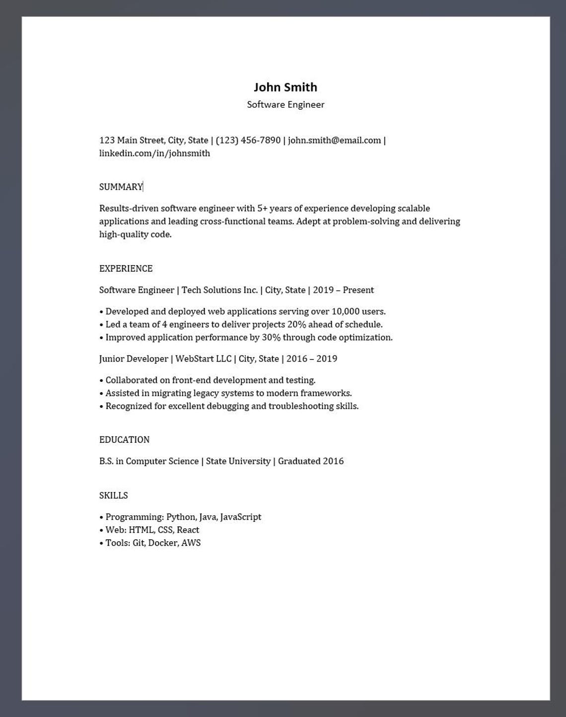 Atsfriendly Resume Template + Cover Letter Minimalist CV Editable