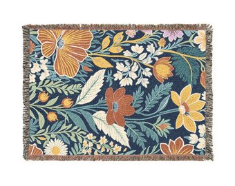 Colorful Floral Cotton Woven Blanket | Boho Throw Bedspread, Cozy Home Decor