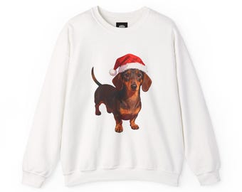 Festive Dachshund Sweatshirt - Christmas Wiener Dog Sweater - Cute Holiday Doxie Gift - Unisex Xmas Crewneck - Dog Lover Jumper
