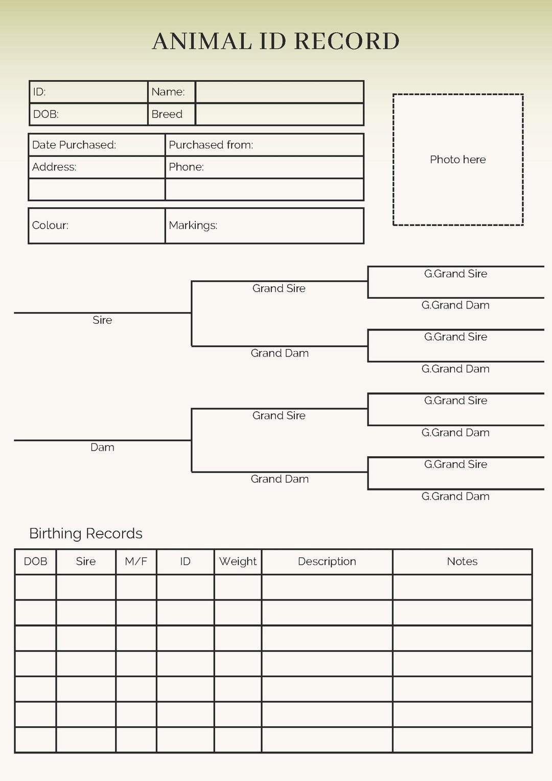 Animal Record Template / Cattle Calving Log, Pedigree & Treatment ...