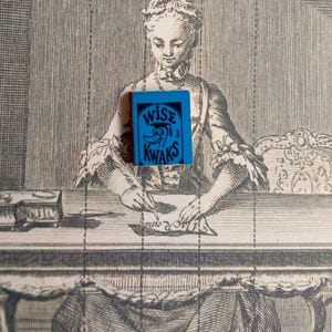 Op de afbeelding: Een blauw blok met de tekst "Wise Kwaks" en een eendenillustratie, geplaatst op een vintage gravure van een schrijvende vrouw. Het blok contrasteert met de zwart-wit achtergrond.