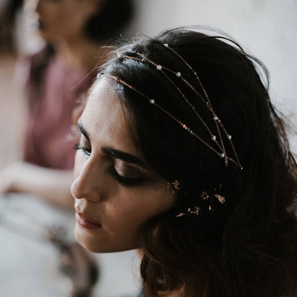 Kepler head chain - 1920 star headpiece -  gold plated 18k hematite pearl wreath - celestial bridal tiara - Cosmic headband