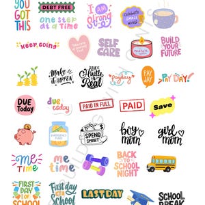 以下が含まれることがあります： やる気を起こさせるフレーズとイラストが描かれた、カラフルなステッカーのコレクションです。「You Got This」、「Self Care」、「Payday」、貯金箱、スクールバス、卒業キャップなどのデザインが含まれています。「STICKERS」という文字が上部にあります。
