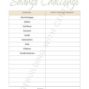 以下が含まれることがあります： 「Month Ahead Savings Challenge」と題された、白とベージュの財務計画ワークシート。家賃、光熱費、負債などの費用カテゴリーがあり、月々の費用を記録するスペースがあります。「Reminder: Financial freedom is self-care too.」と書かれています。