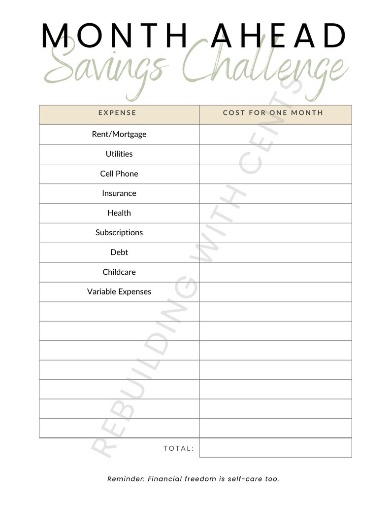 以下が含まれることがあります： 「Month Ahead Savings Challenge」と題された、白とベージュの財務計画ワークシート。家賃、光熱費、負債などの費用カテゴリーがあり、月々の費用を記録するスペースがあります。「Reminder: Financial freedom is self-care too.」と書かれています。