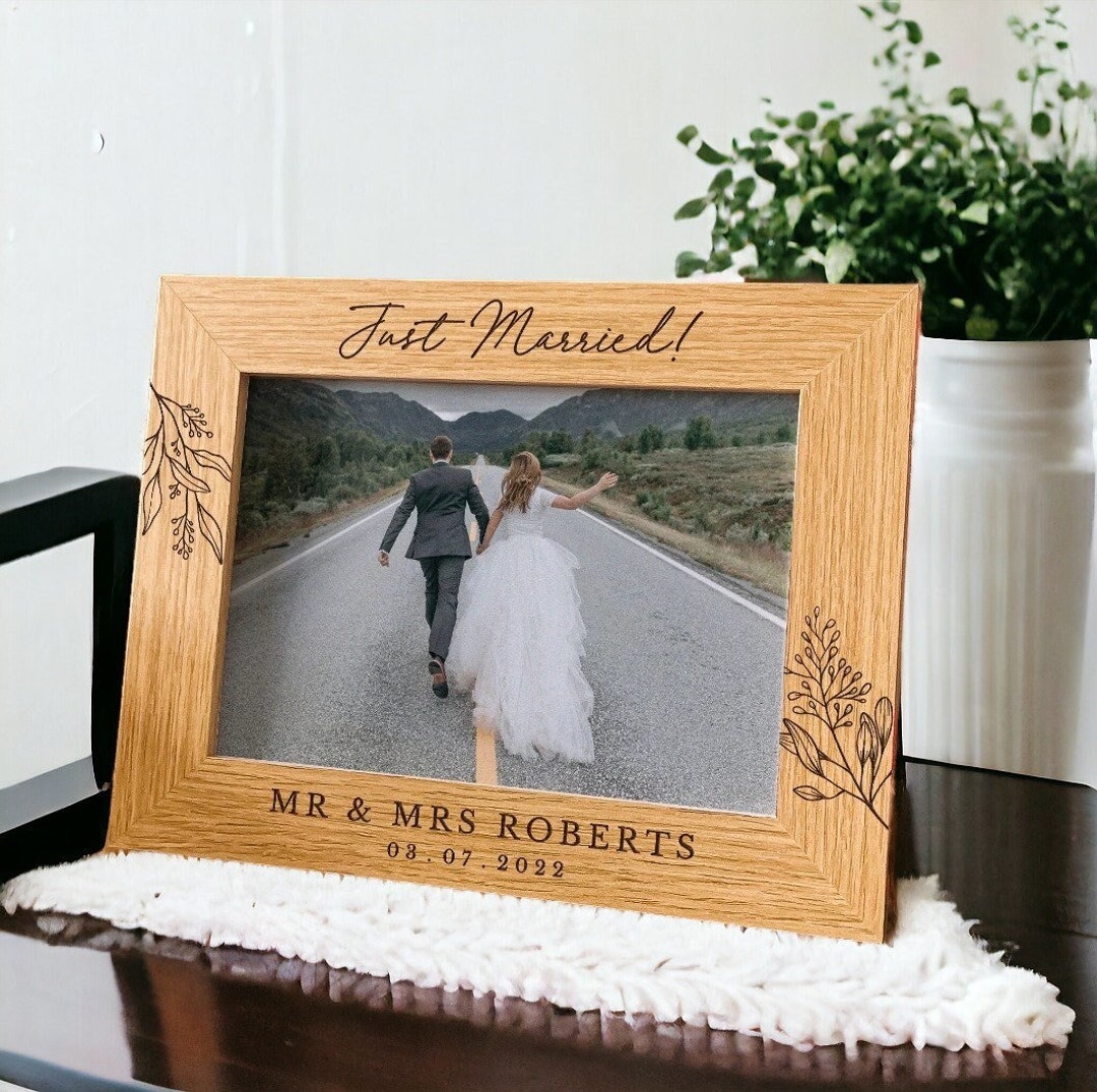 Personalized Wedding Photo Frame, Just Married Picture Frame, Custom Engraved Picture Frame