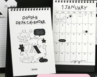 Calendario de escritorio Doodle 2026: diseño divertido en blanco y negro, con espiral para decorar tu escritorio.
