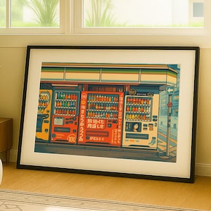 Puede incluir: Impresión artística enmarcada que presenta una colorida ilustración de máquinas expendedoras japonesas. La obra de arte muestra una escena vibrante con tonos rojos, amarillos y azules, capturando la esencia de la vida urbana. La impresión se exhibe en un salón.