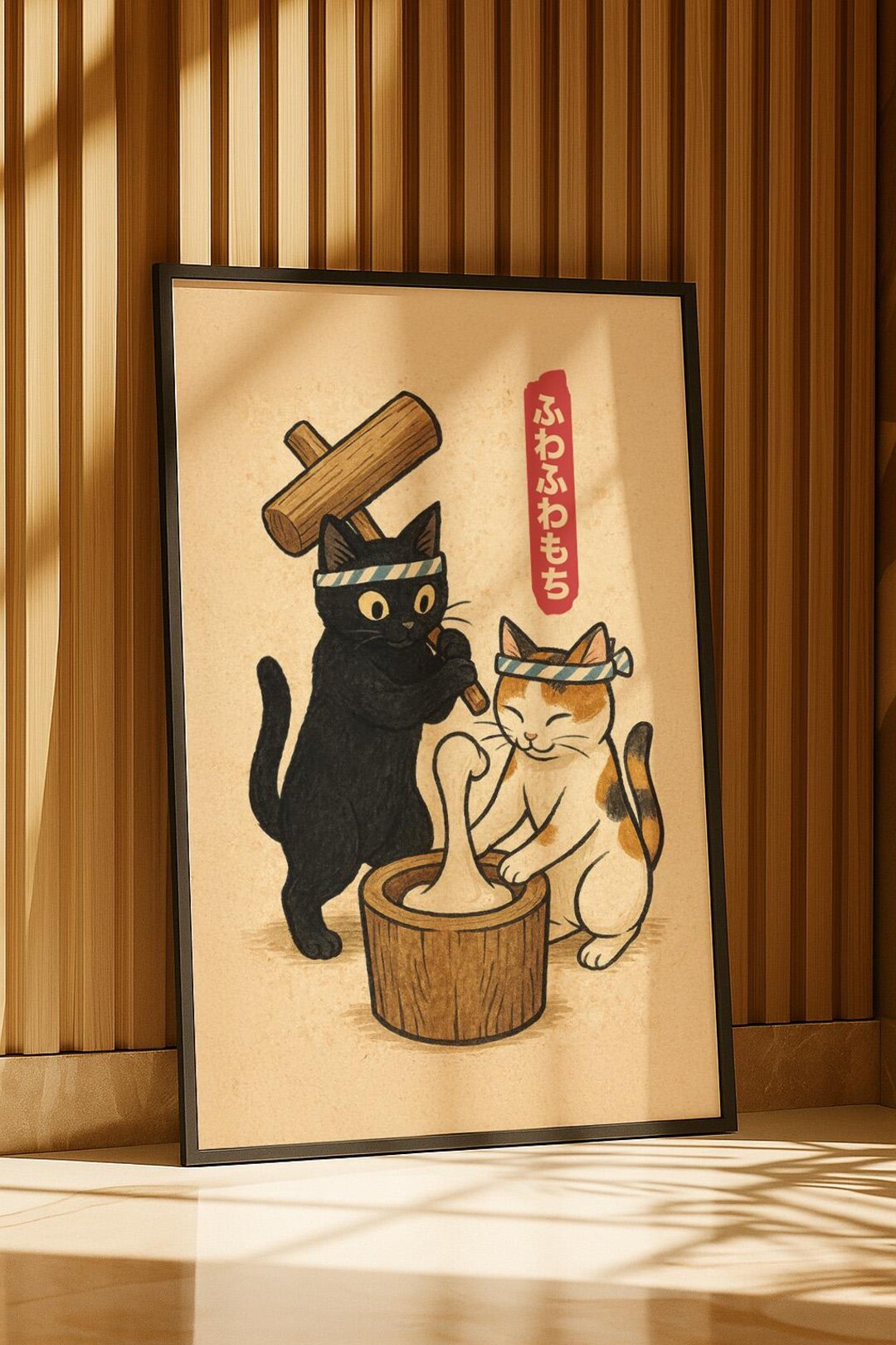 Cats Making Mochi Art Print: Japanese Cat Poster, Cat Wall Art