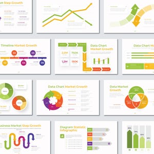 Peut inclure: Plusieurs diagrammes de croissance commerciale et de marché. Les diagrammes utilisent une variété de graphiques et d'infographies pour afficher les données. Les couleurs incluent le vert, l'orange, le violet et le blanc. Le texte comprend "Market Growth" et "Diagram Statistic Infographic".
