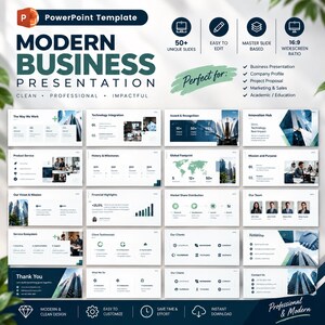 May include: A PowerPoint template for a modern business presentation featuring over 50 unique slides, master slide functionality, and a 16:9 widescreen ratio. The layout includes sections for company profiles, project proposals, and marketing.