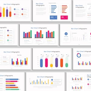 May include: A collection of colorful bar chart infographics on a white background. Each chart displays data with varying bar heights and colors, including blue, pink, yellow, and green. Text overlays include titles and numerical data.