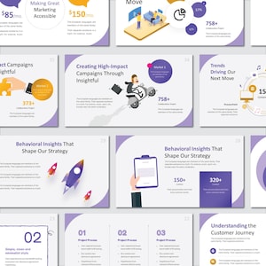 Könnte beinhalten: Eine digitale Marketingpräsentation mit verschiedenen Folien. Die Folien enthalten Text, Diagramme und Grafiken, darunter Raketen, eine Person auf einem Roller und eine Hand, die ein Puzzleteil hält. Die Präsentation behandelt Themen wie Marketing, Erkenntnisse und Customer Journeys.