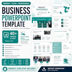 May include: A digital business PowerPoint template featuring a teal and white color scheme. The layout includes text headers like Business PowerPoint Template, 40+ Unique Slides, and various infographic examples showing charts, team photos, and icons.