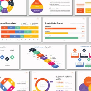 May include: A collection of business and financial infographics on a white background. The infographics include charts, graphs, and diagrams with text and numerical data, illustrating sales, growth, and investment metrics.