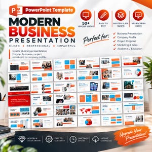 May include: A digital PowerPoint template titled Modern Business Presentation featuring over 50 unique slides with a clean, professional design. The layout includes orange and blue accents, a 16:9 widescreen ratio, and various business-themed graphics.