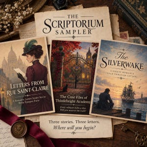 May include: A collection of three rectangular cards titled The Scriptorium Sampler, featuring Letters from Rue Saint-Claire, The Case Files of Thistlebright Academy, and The Silverwake. Each card displays detailed illustrations and text on aged paper.