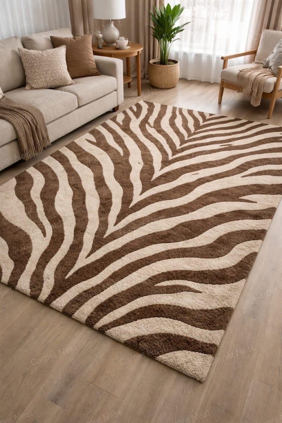Hand Tufted Zebra Rug 5x7, 6x9,8x10, 9x12 Brown & Beige Animal Print Area Rug, Large Wool Carpet for Living Room, Handmade Safari Home Decor