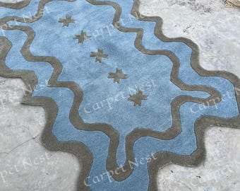 Alfombra de lana con mechones azules festoneados, moderna, de forma irregular, para dormitorio, sala de estar, recibidor y oficina (8 x 10 y 9 x 12 pulgadas)
