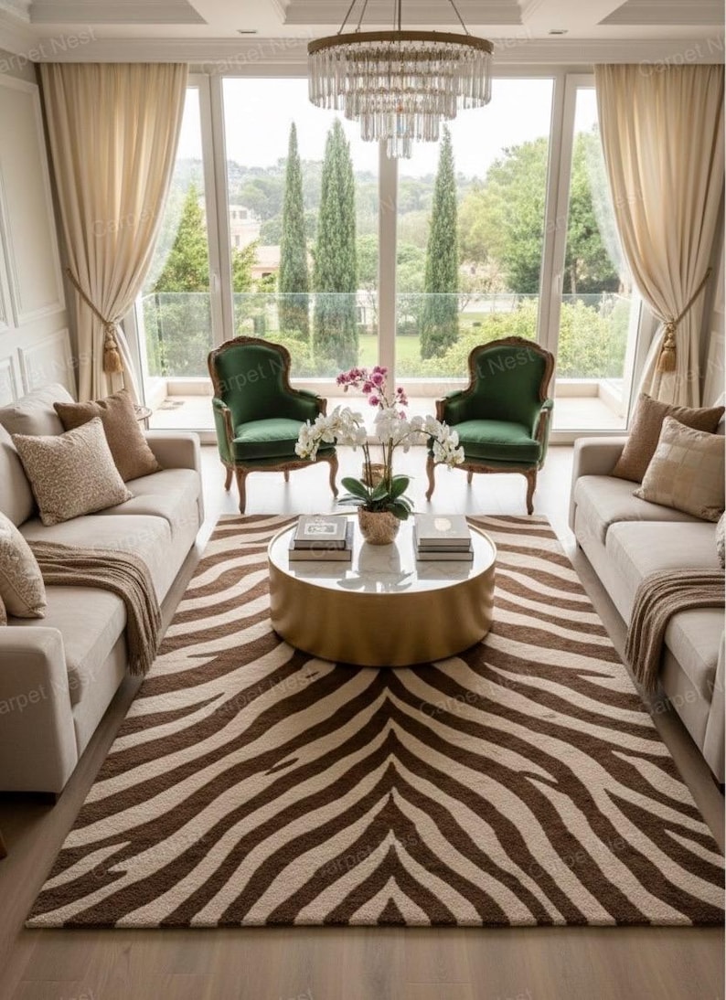 May include: A living room featuring a zebra-patterned rug, two beige sofas, and two green armchairs. A gold coffee table with books and a plant is in the centre. Large windows offer a view of trees and a chandelier hangs from the ceiling.