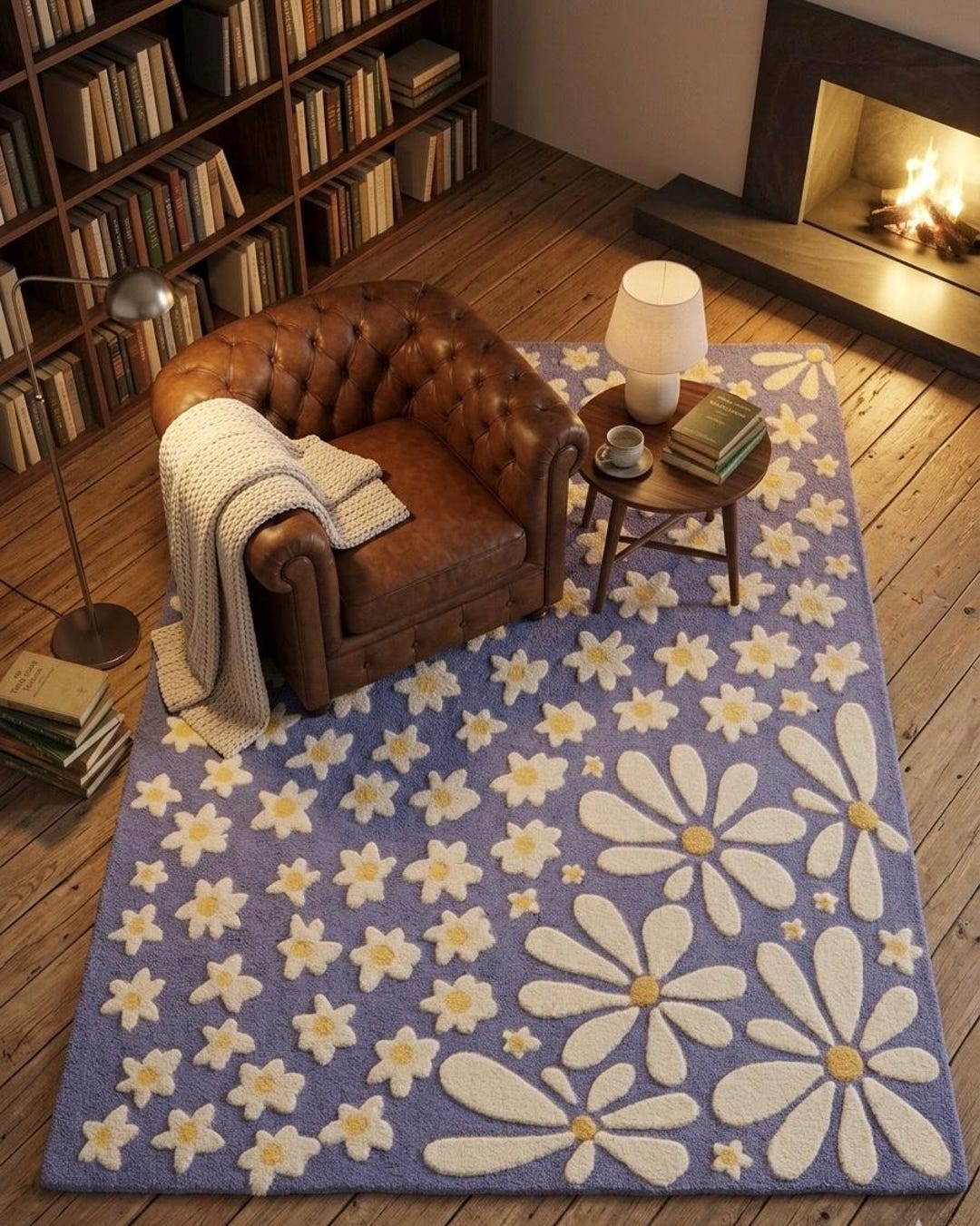 Hand Tufted Daisy Area Rug - Purple & Beige Floral Carpet for Bedroom ...