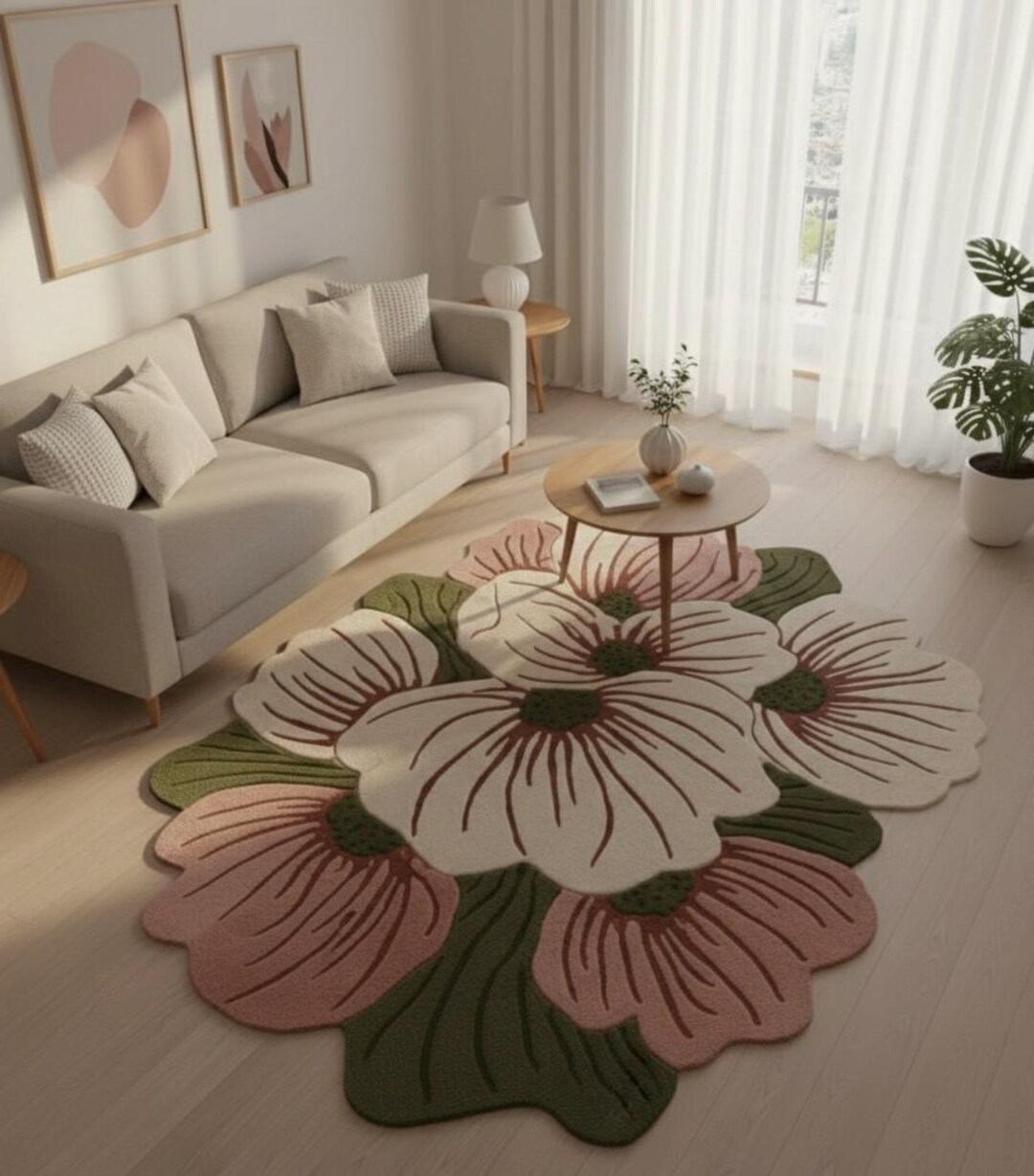 Temu Pink Rug With Flower Hand-tufted Wool Flower Rug: Pink, Green, & Cream Floral Carpet - Etsy