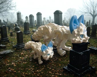 3D Printed Spirit Fox Figurine: Pearl White & Elixir Blue Mystical Decor