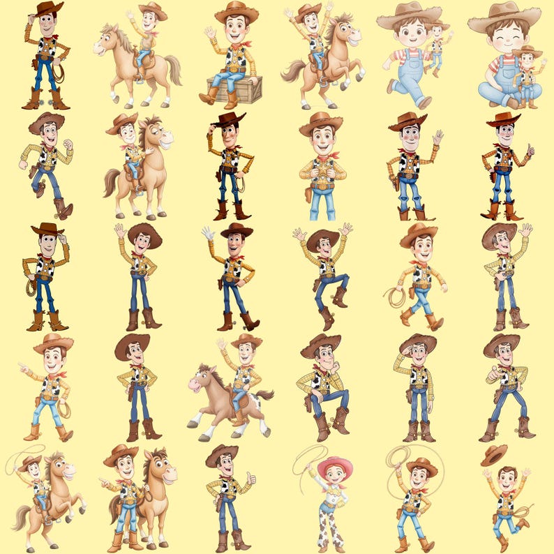 May include: A collection of thirty individual illustrations featuring a cowboy character in a brown hat, yellow shirt, cow-print vest, blue jeans, and brown boots, often accompanied by a brown horse or a lasso, arranged in a grid on a pale yellow background.