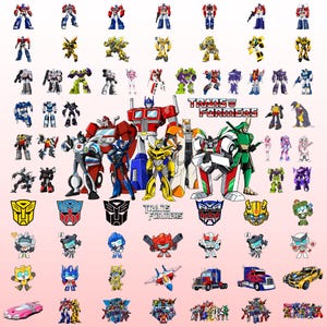 Può includere: Una collezione di illustrazioni dei personaggi Transformers, tra cui varie figure di robot, personaggi in stile chibi, modalità veicolo e loghi di fazione. L'immagine presenta il testo Transformers in diversi stili e dimensioni nel layout.