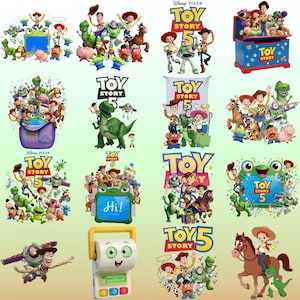 May include: A collection of Toy Story 5 digital illustrations featuring Woody, Buzz Lightyear, Jessie, Rex, and other characters. The images include the Toy Story 5 logo, a blue toy chest, a green frog frame, and a white interactive toy device.