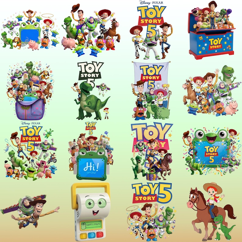 May include: A collection of Toy Story 5 digital illustrations featuring Woody, Buzz Lightyear, Jessie, Rex, and other characters. The images include the Toy Story 5 logo, a blue toy chest, a green frog frame, and a white interactive toy device.