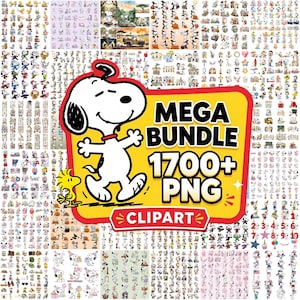 Op de afbeelding: Een digitale collectie van meer dan 1700 Snoopy en Woodstock PNG-clipartbestanden met diverse thema's en poses. De centrale gele afbeelding toont de tekst MEGA BUNDLE 1700+ PNG CLIPART met een grote illustratie van Snoopy en Woodstock.