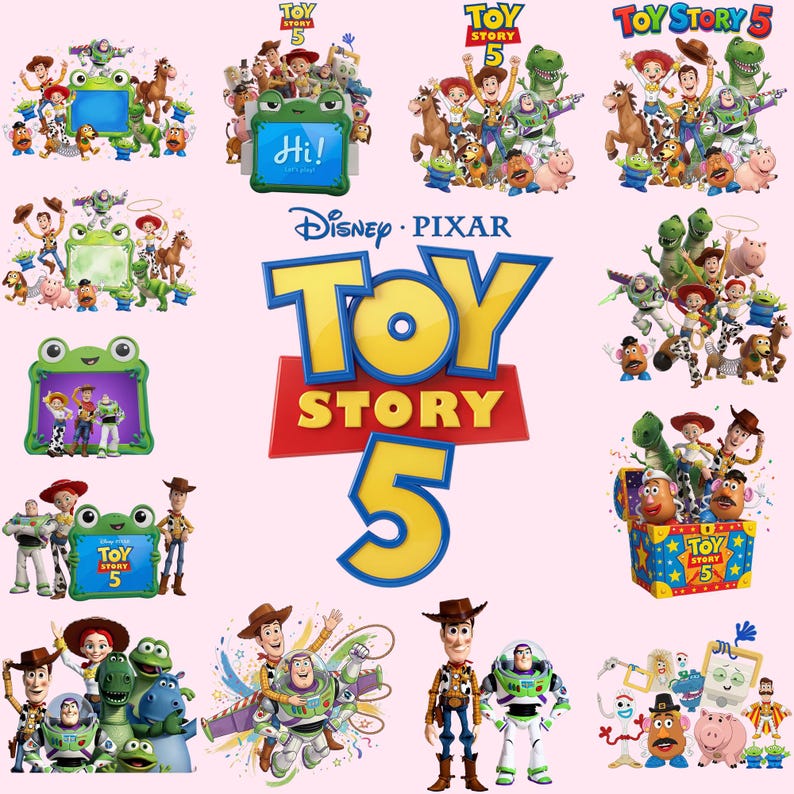 May include: A collection of Toy Story 5 digital graphics featuring characters like Woody, Buzz Lightyear, Jessie, Rex, and Mr. Potato Head. The images include various frames, a jack-in-the-box, and the bold blue and yellow Toy Story 5 logo text.
